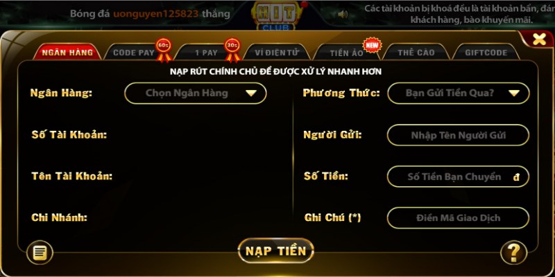 De dang nap tien Hit Club chi voi vai thao tac