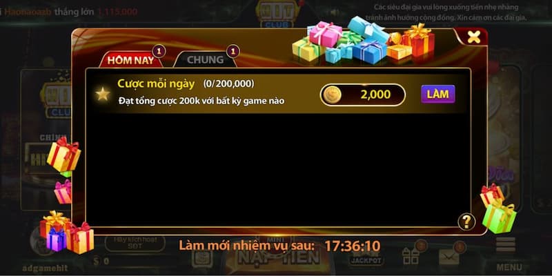 Tham gia cược mỗi ngày hoàn thành nhiệm vụ tặng thưởng tại Hitclub