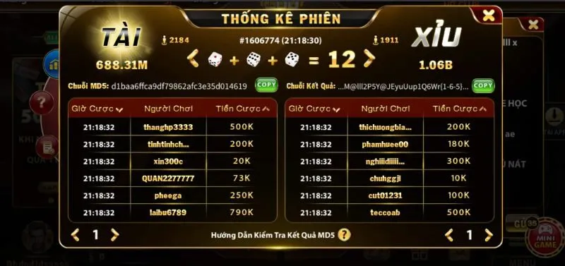 Tỷ lệ trả thưởng cao Tài Xỉu MD5 Hit Club